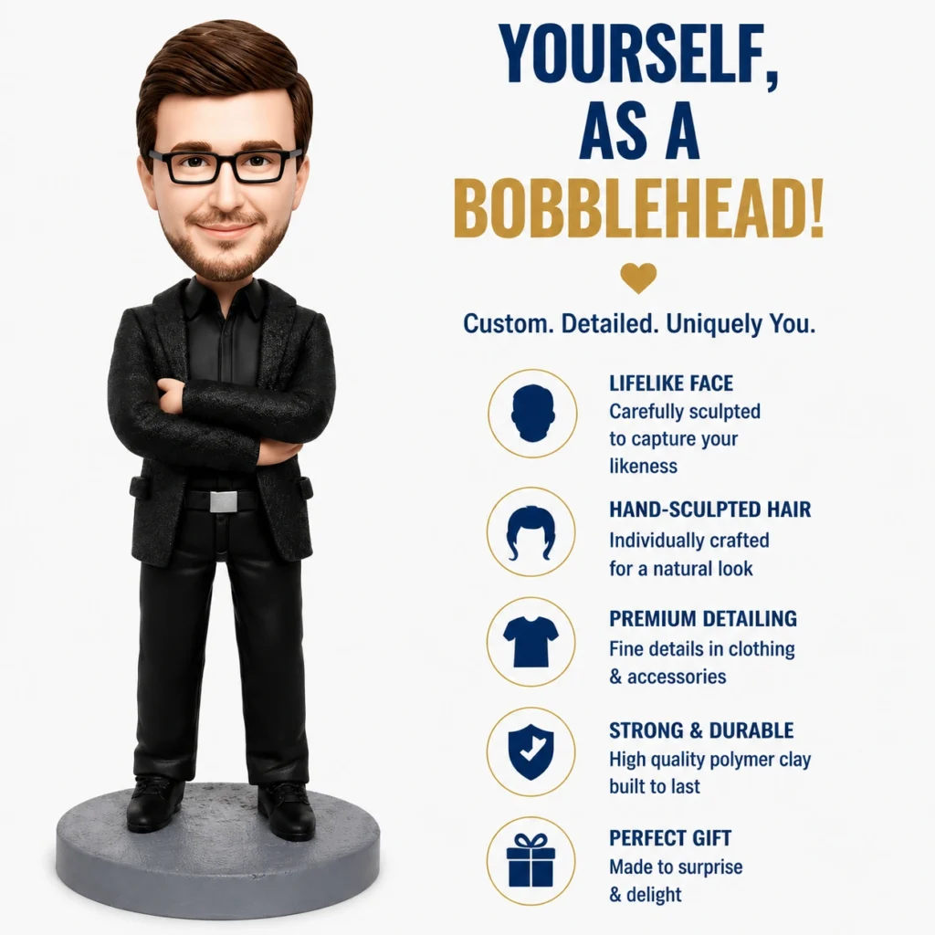 Bobblehead figure of a man in a black suit next to a list of benefits: lifelike face, hand-sculpted hair, premium detailing, strong and durable, and a perfect gift.