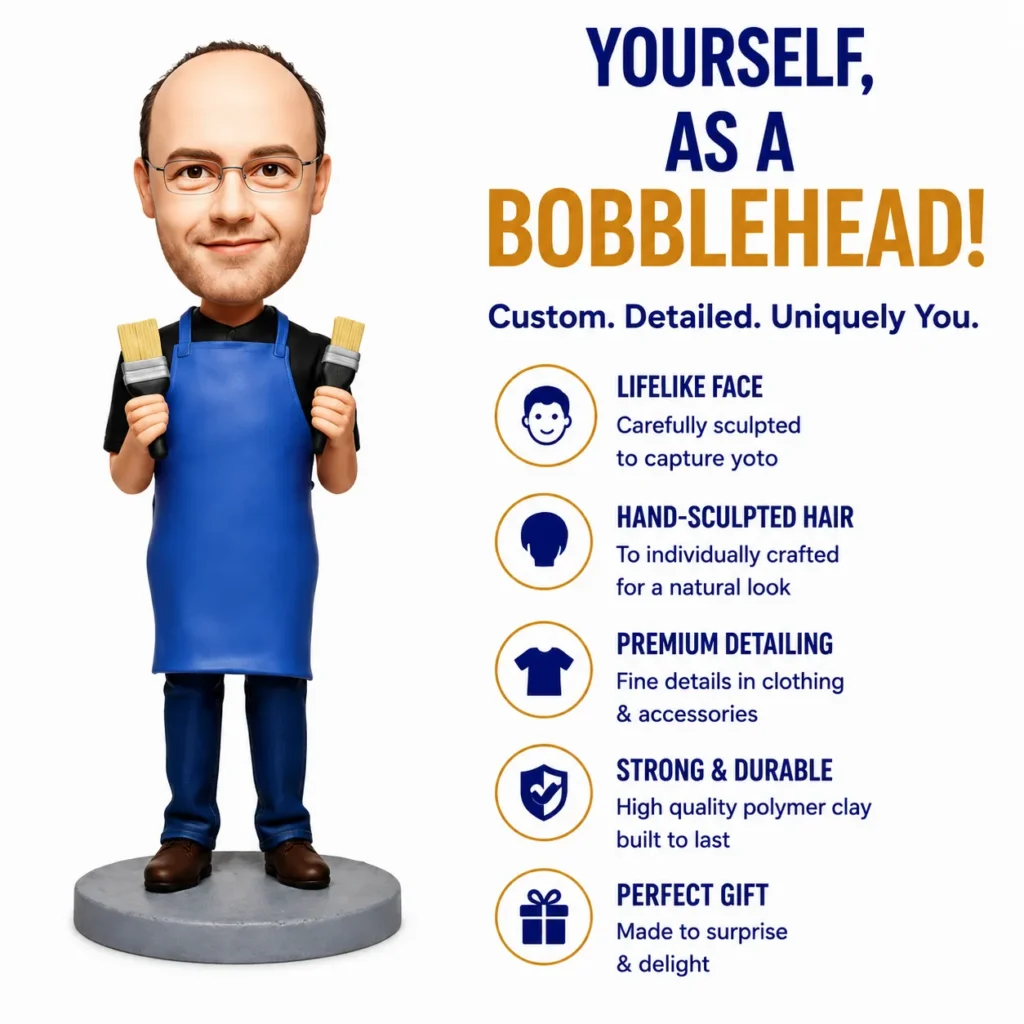 Cartoon-style bobblehead of a man in a blue apron holding brushes next to a list promoting custom bobbleheads and detailing features like life-like face and hand-sculpted hair.