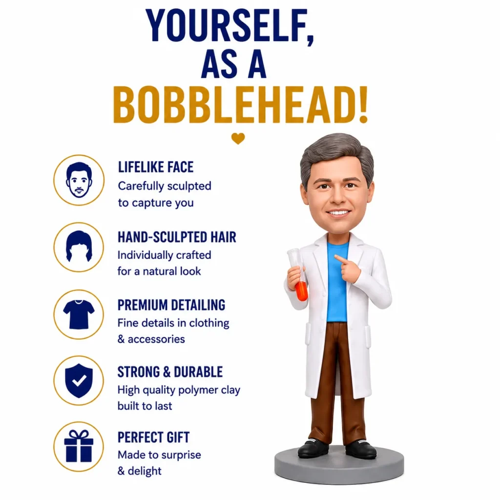 Infographic about a bobblehead figure with features: lifelike face, hand-sculpted hair, premium detailing, strong and durable, perfect gift.