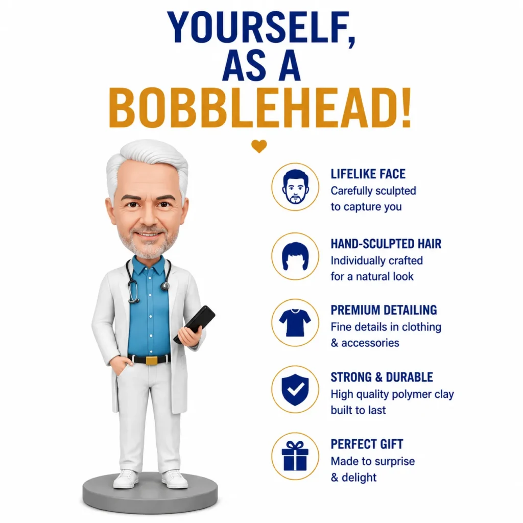 Bobblehead doctor figure with stethoscope beside a bulleted list of features: lifelike face, hand-sculpted hair, premium detailing, durable materials, and a gift option.