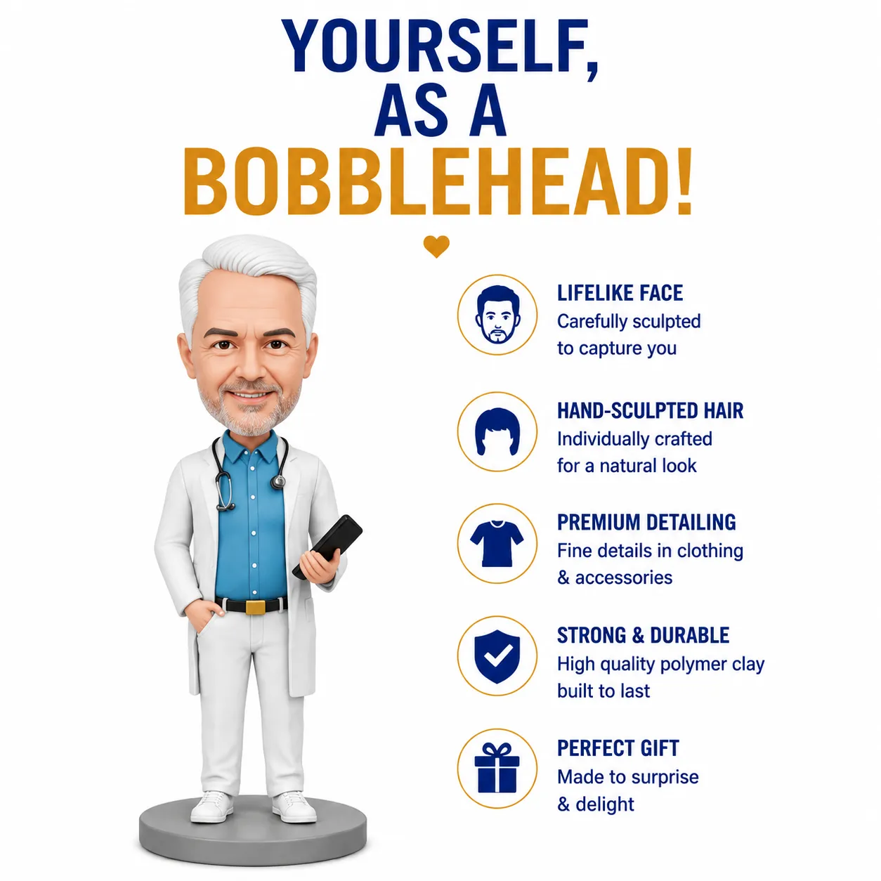 Bobblehead doctor figure with stethoscope beside a bulleted list of features: lifelike face, hand-sculpted hair, premium detailing, durable materials, and a gift option.