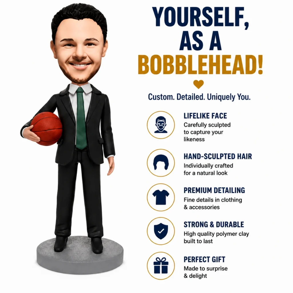 Bobblehead figure of a man in a suit holding a basketball beside an advertisement for custom bobbleheads and features.