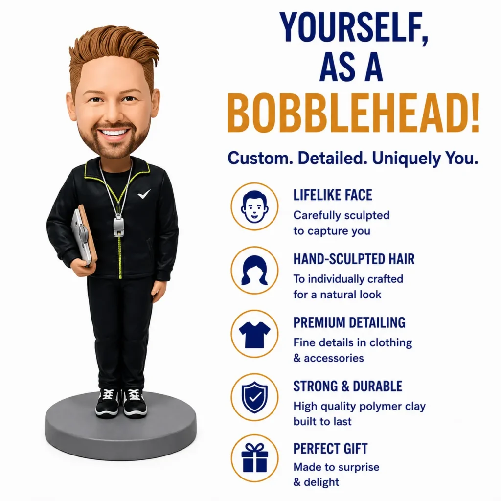 Left-aligned 3D bobblehead figure in a black outfit on a gray base, beside an infographic listing features like lifelike face and premium detailing.
