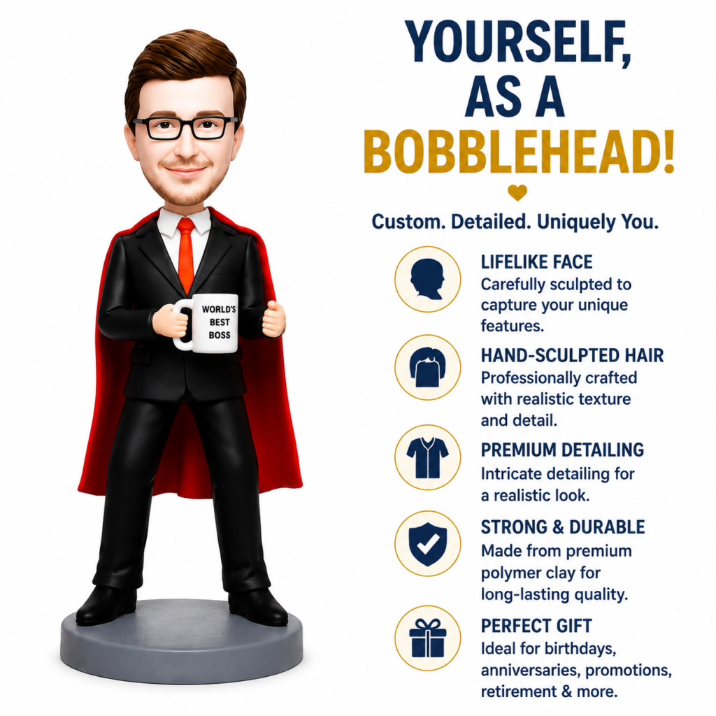 Bobblehead businessman in a black suit and red cape holds a mug that reads 'World's Best Boss,' next to a promotional graphic. Needs customization for bobblehead.