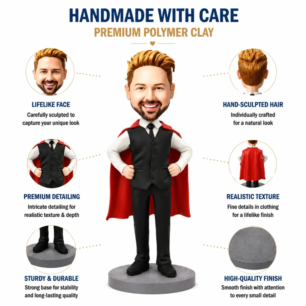 Infographic featuring a central superhero figurine with labels: lifelike face, hand-sculpted hair, premium detailing, realistic texture, sturdy base, premium polymer clay finish, and handmade with care text at top.