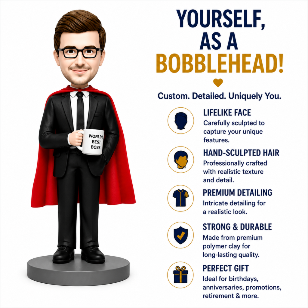 Bobblehead businessman in a black suit and red cape holding a mug that reads 'World's Best Boss' next to a list of features about custom bobbleheads.