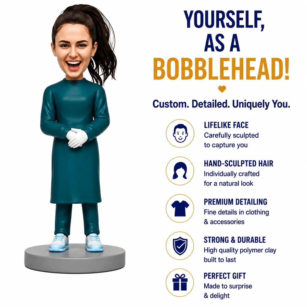 A life-size bobblehead figure in teal outfit stands on a round base beside a blue-and-gold feature list promoting customizable bobblehead details like face, hair, detailing, and gift options.