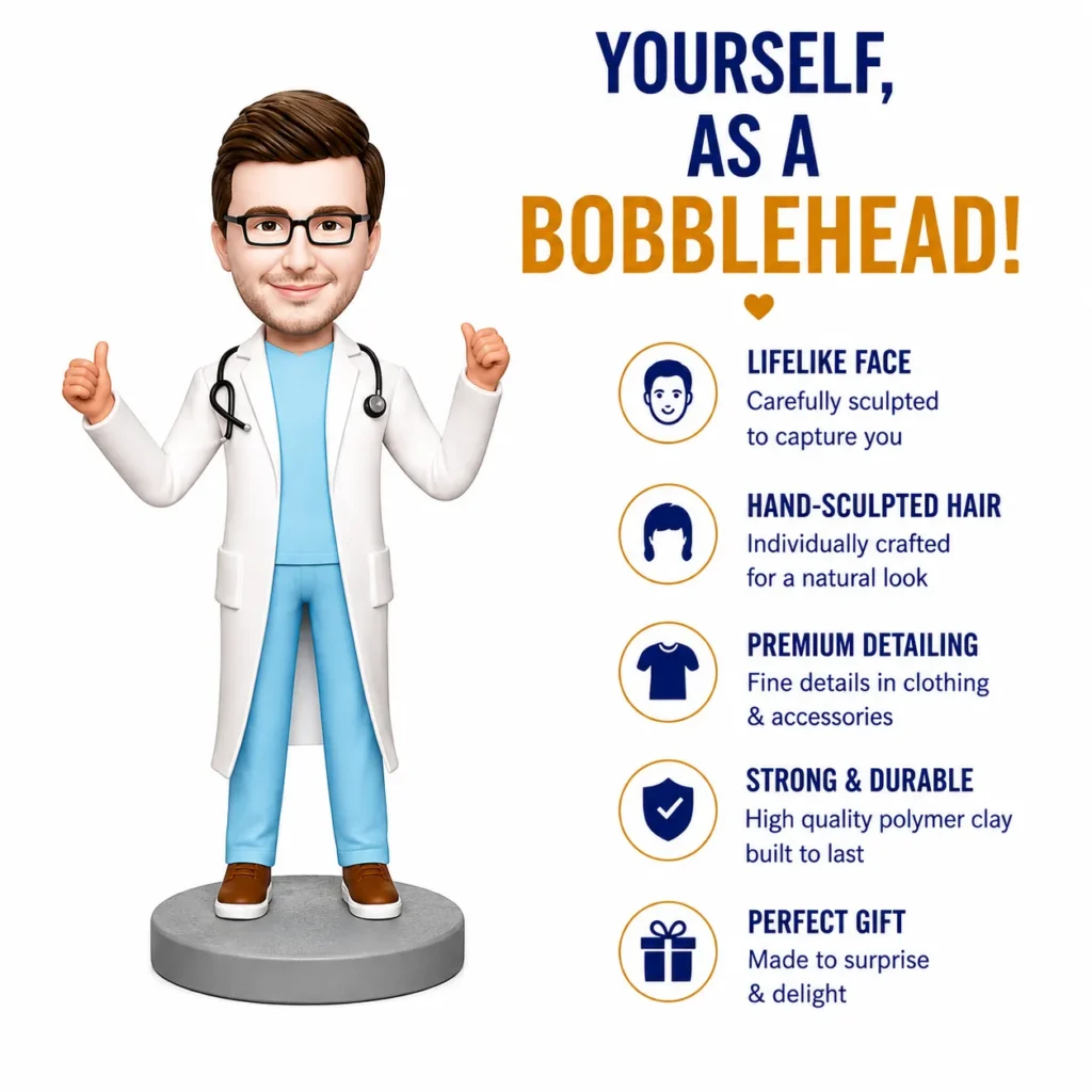 Bobblehead doctor with stethoscope giving thumbs up, beside a features list describing lifelike face, hand sculpted hair, premium detailing, durability, gift-ready.