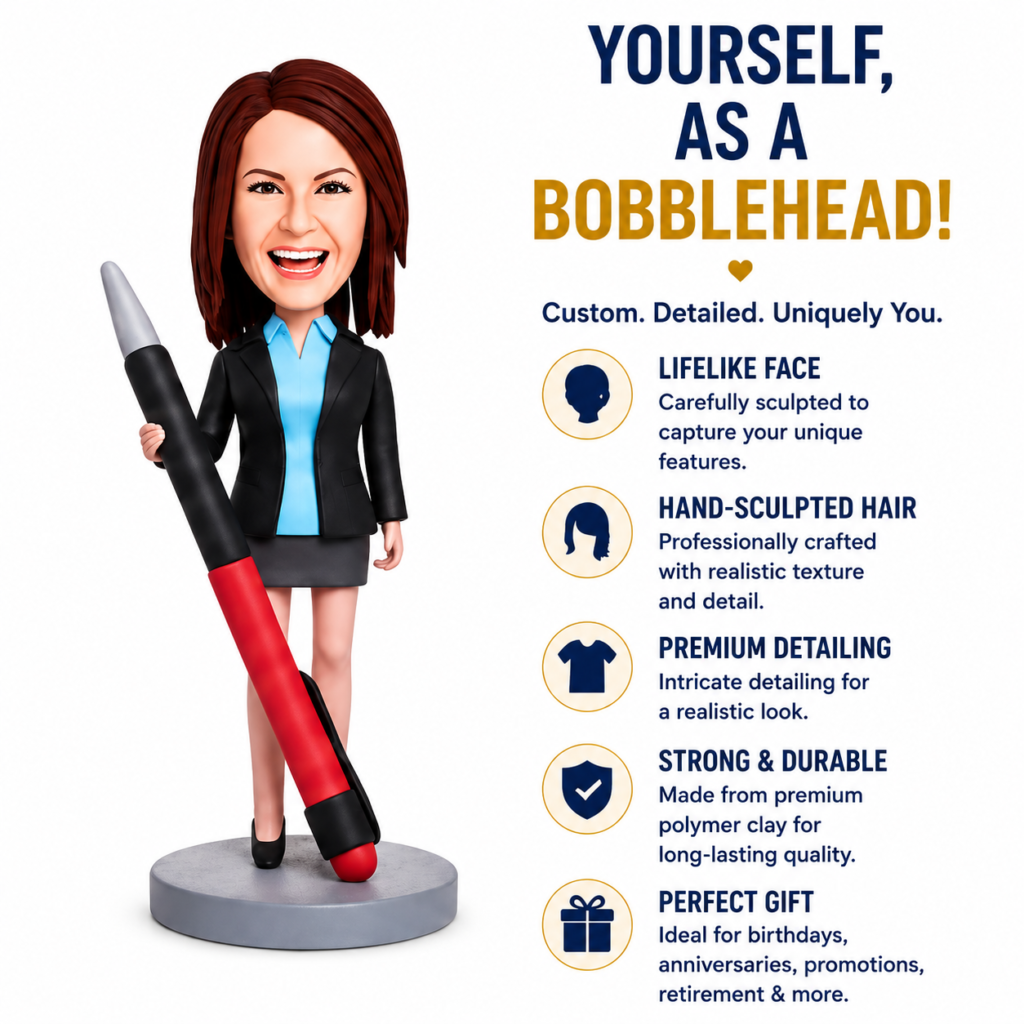 Cartoon businesswoman bobblehead holding a giant pen next to a bulleted features list for a custom bobblehead product.