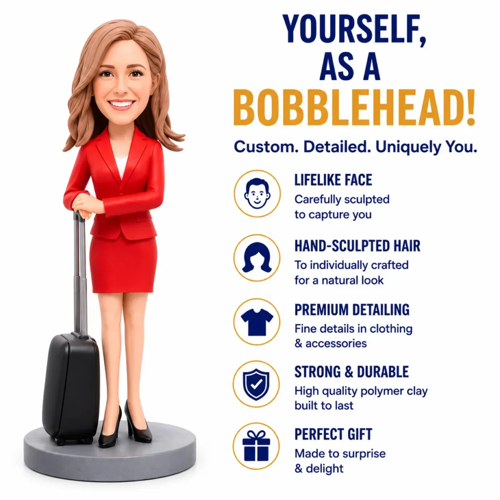 Businesswoman bobblehead in a red suit with suitcase beside a list of features and icons on the right side, promoting custom details and quality gifts.