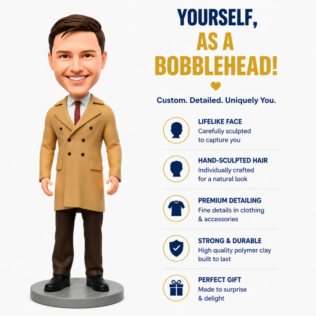 3D bobblehead figure in a tan trench coat stands on a round base beside a right-side product feature list titled 'Yourself, as a Bobblehead'. The list highlights lifelike face, hand-sculpted hair, premium detailing, strong & durable, and perfect gift.