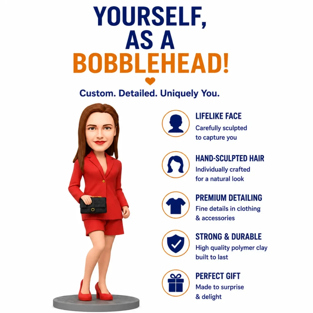 3D bobblehead of a woman in a red suit on the left, with a feature list on the right.