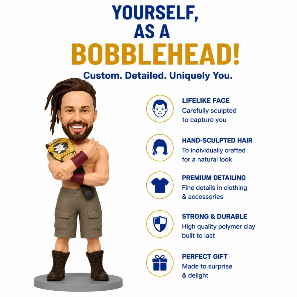 Custom bobblehead figure holding a championship belt, shown beside a list of features: lifelike face, hand-sculpted hair, premium detailing, strong & durable, perfect gift.