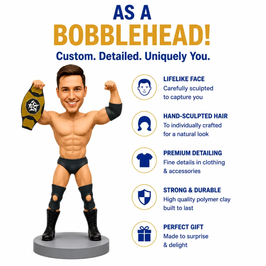 Muscular bobblehead figure on a gray pedestal, holding a belt, with a right-side list of features about customization and quality.