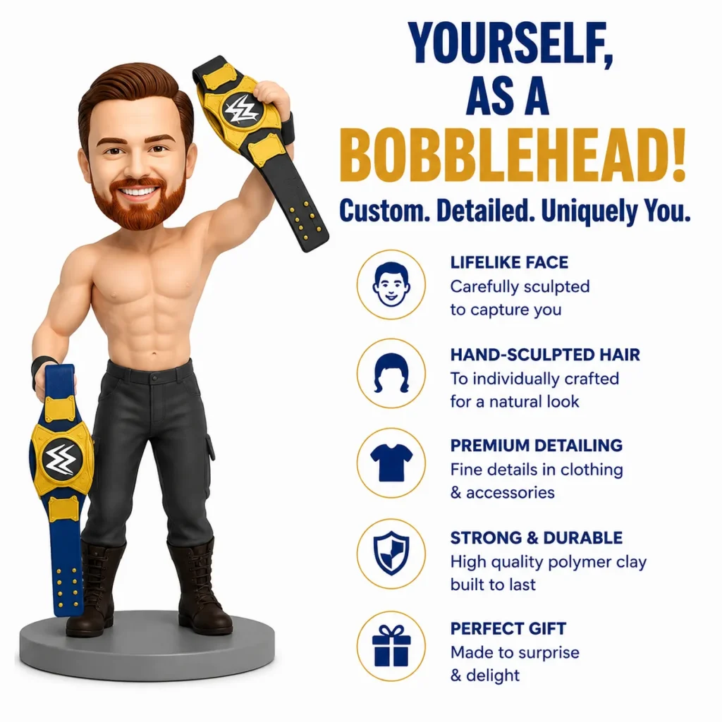 Bobblehead wrestler figure holding a championship belt next to a feature list: lifelike face, hand-sculpted hair, premium detailing, durability, and gift-ready.