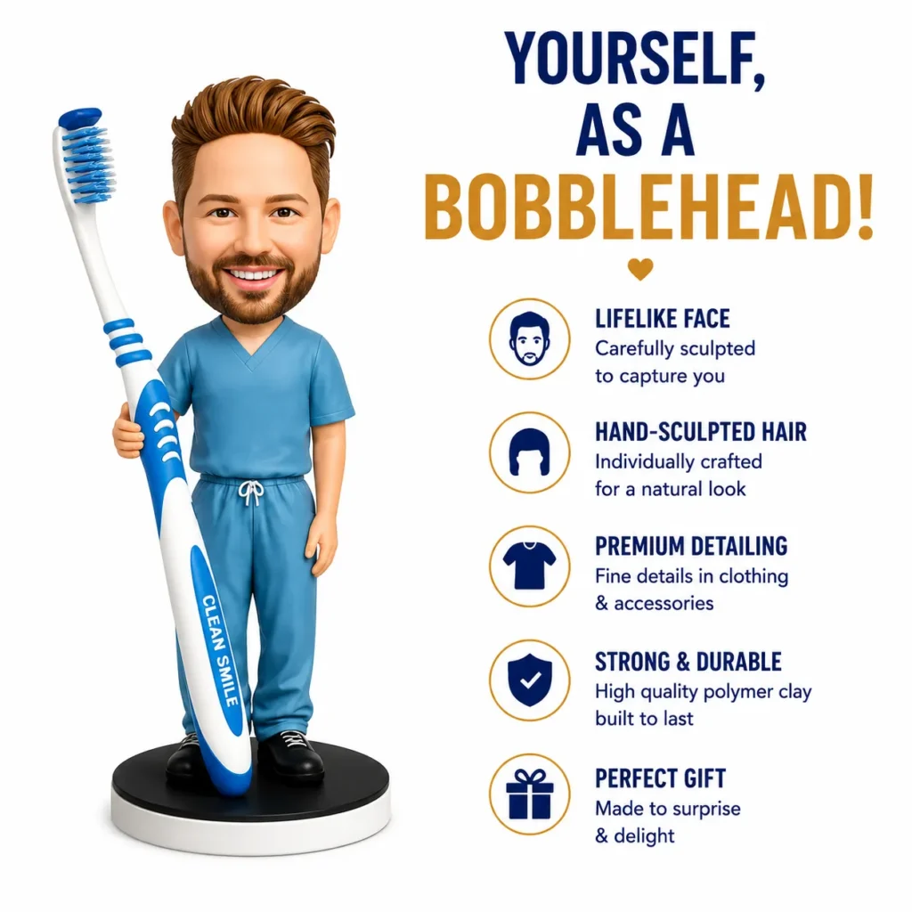 Cartoon bobblehead dentist in blue scrubs holding a large toothbrush, beside a list of features.