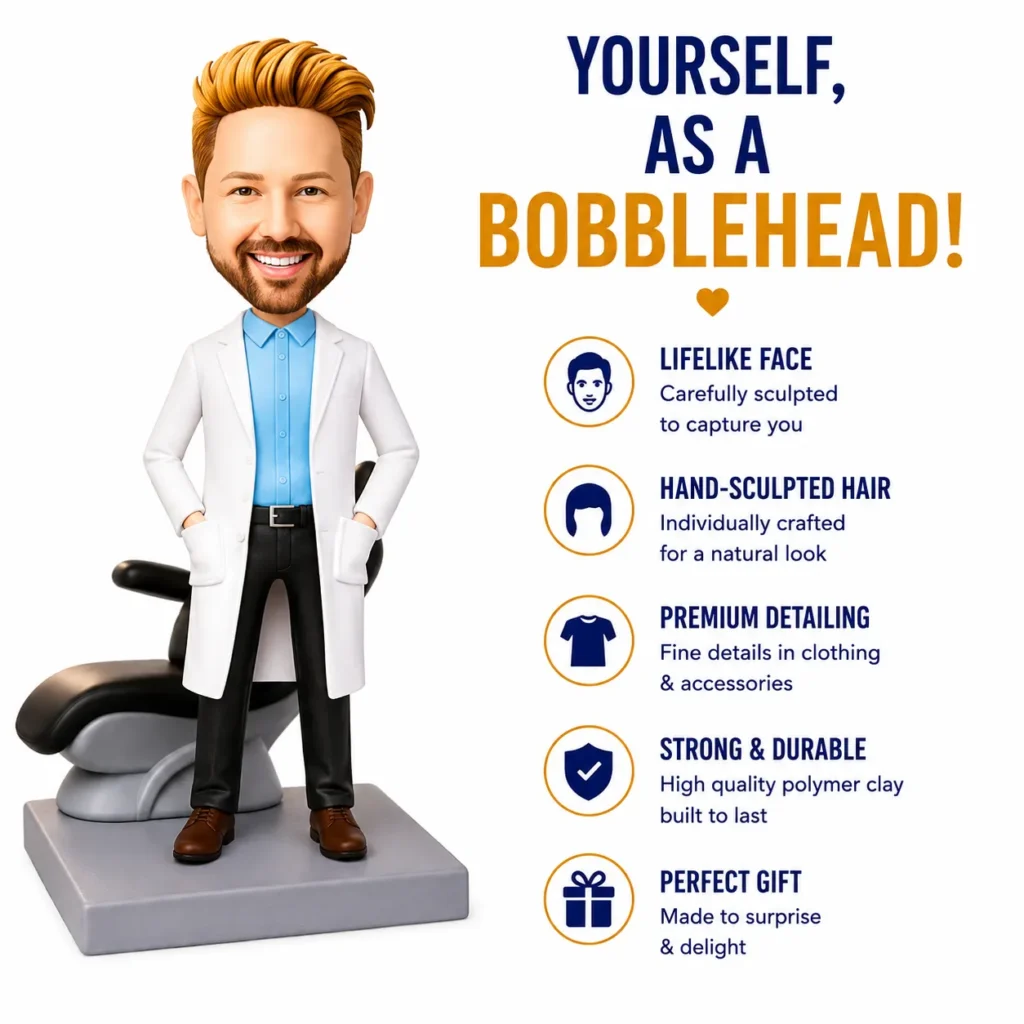 Bobblehead figure in a white lab coat beside a features list: lifelike face, hand-sculpted hair, premium detailing, strong & durable, perfect gift.
