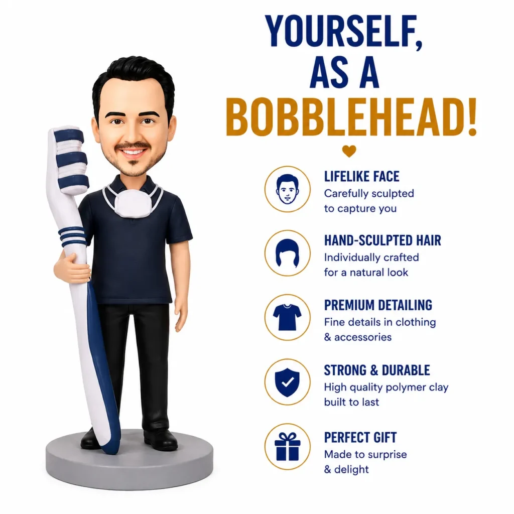 Bobblehead figure holding a cricket bat beside feature list: lifelike face, hand-sculpted hair, premium detailing, durable clay.