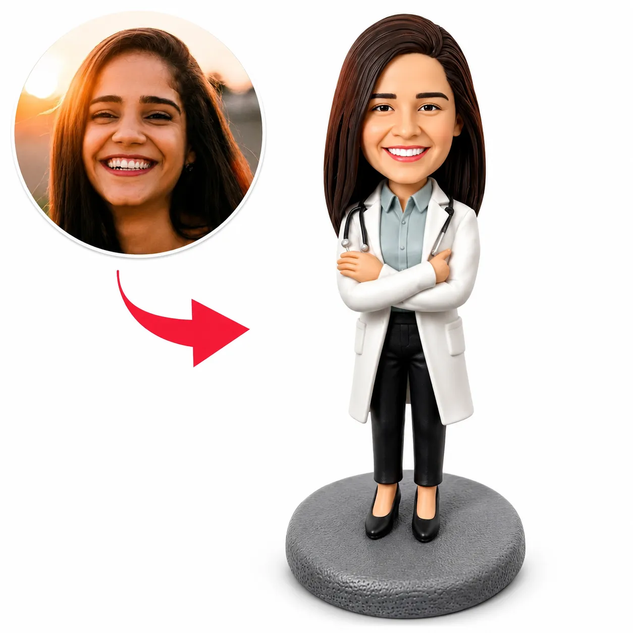 3D cartoon doctor with white coat and stethoscope stands on a gray pedestal; a circular photo of a smiling woman is connected by a red arrow to the figure.