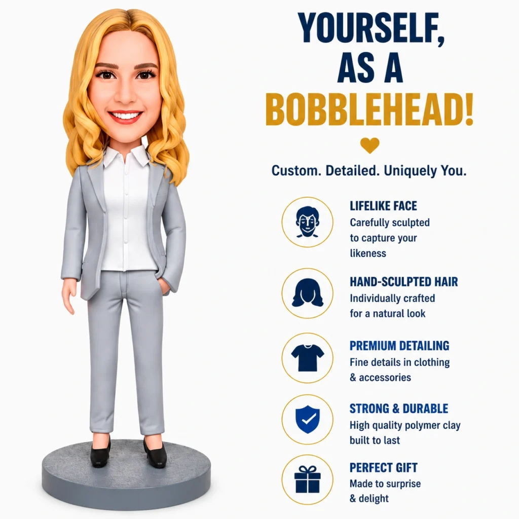 Lifelike bobblehead of a smiling businesswoman in a gray suit standing on a round base, with marketing text and feature icons to the right on the page.