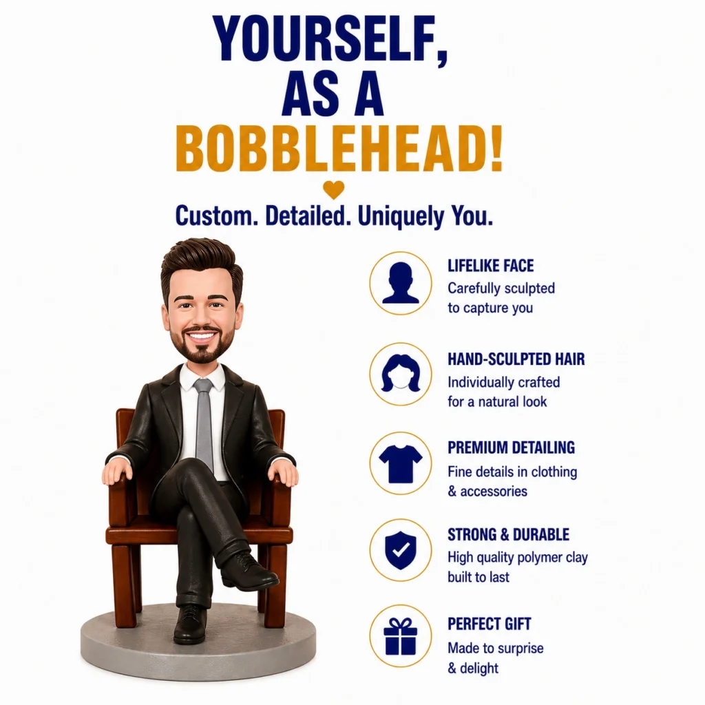 Bobblehead of a man in a suit sitting in a chair, with a right-side list of features: lifelike face, hand-sculpted hair, premium detailing, strong and durable, perfect gift
