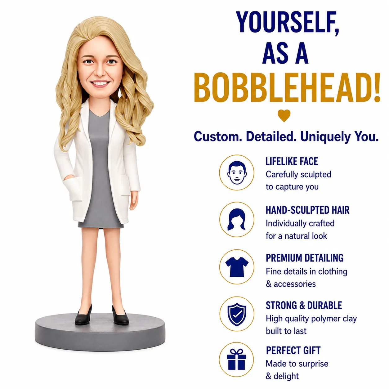 Bobblehead figure of a blonde woman in a white coat standing on a gray pedestal, next to an infographic listing custom figurine features.