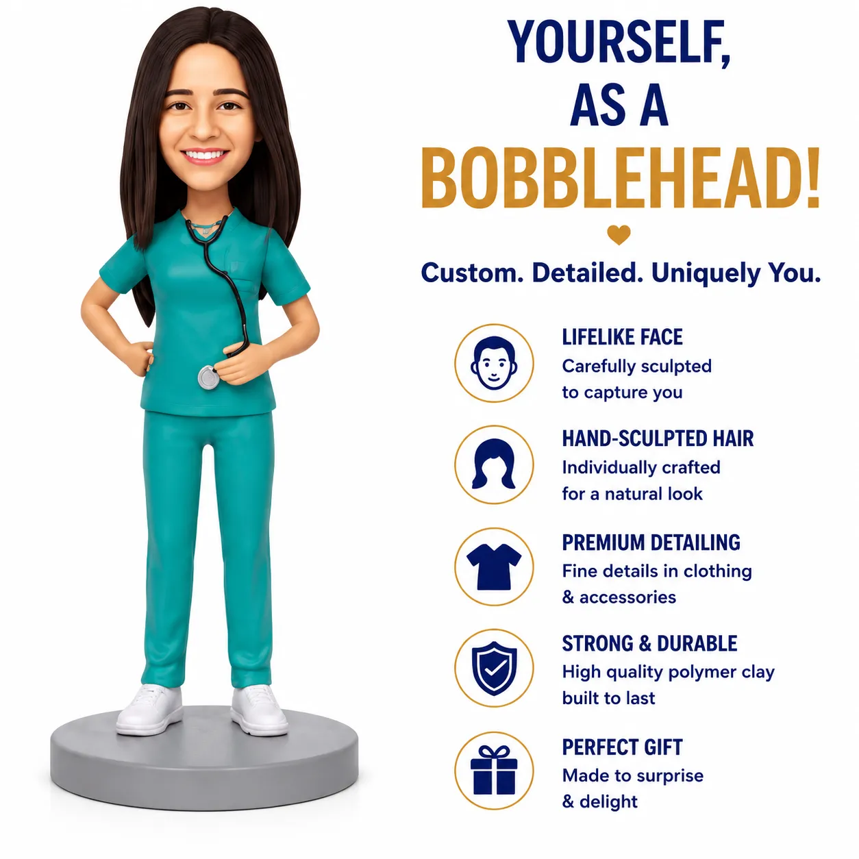 Life-like nurse bobblehead in teal scrubs stands on a gray base next to bold marketing copy about custom bobbleheads.