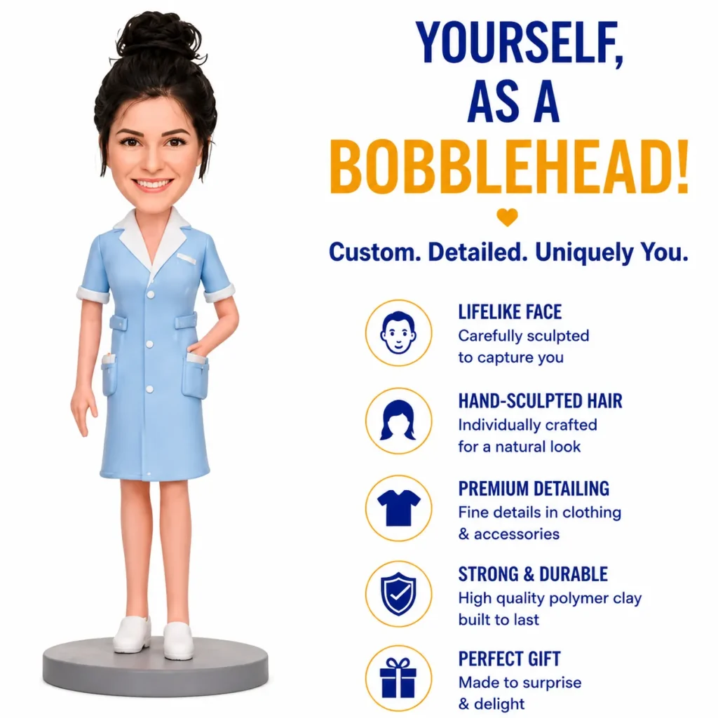 Bobblehead figure of a nurse in a blue uniform standing on a gray base beside a bold marketing message about a custom, lifelike bobblehead.