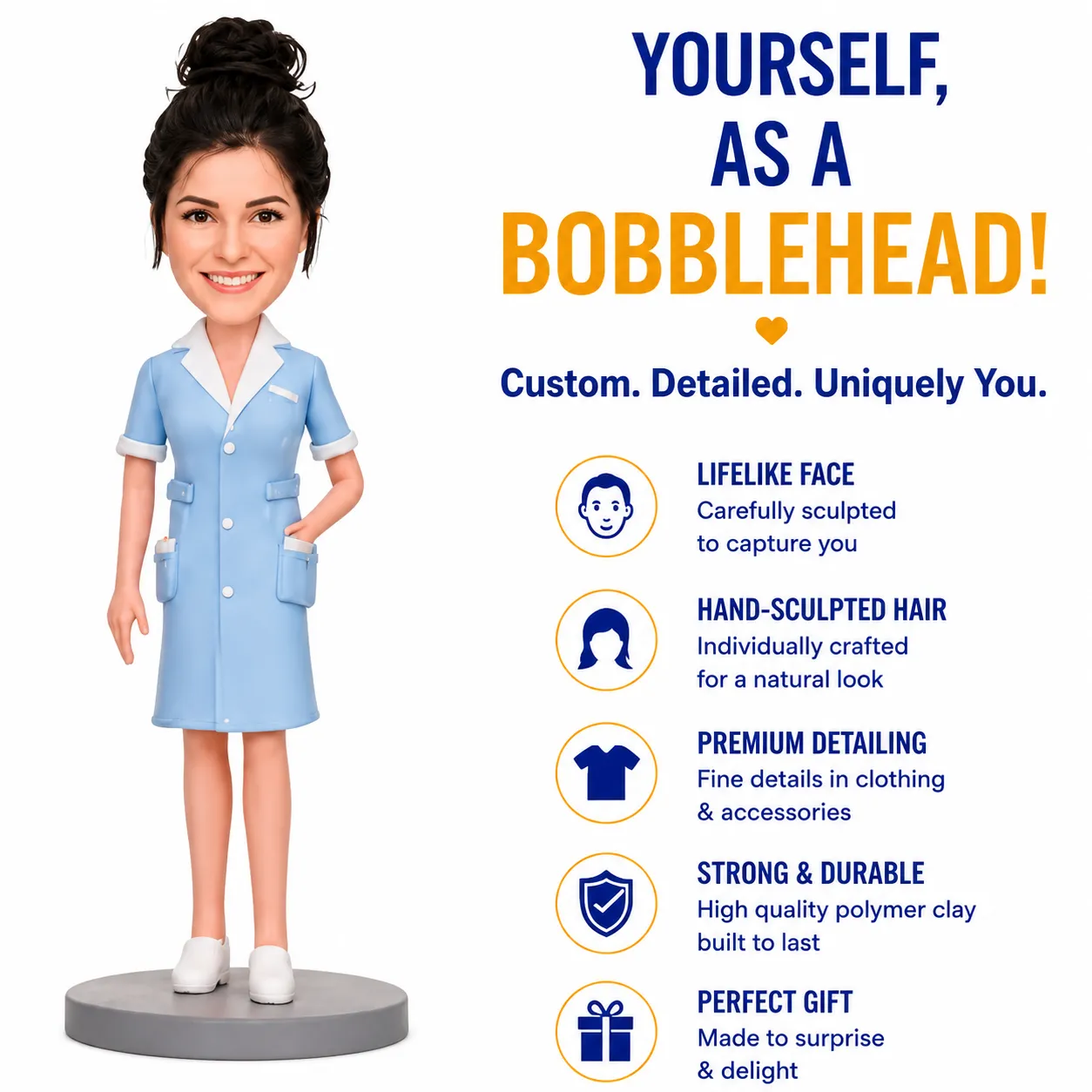 Bobblehead figure of a nurse in a blue uniform standing on a gray base beside a bold marketing message about a custom, lifelike bobblehead.