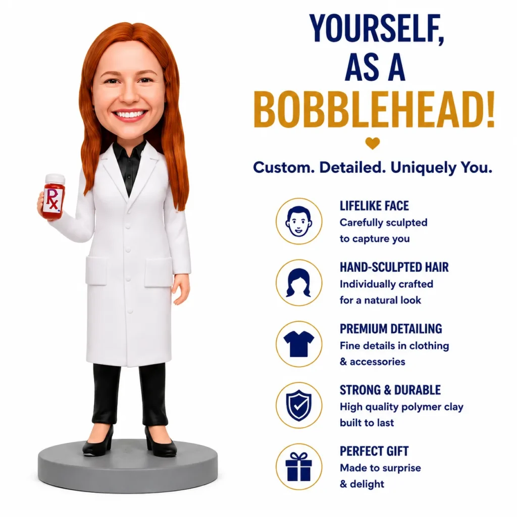 Cartoon bobblehead of a female pharmacist in a white coat, holding a red prescription bottle beside bold ad text.