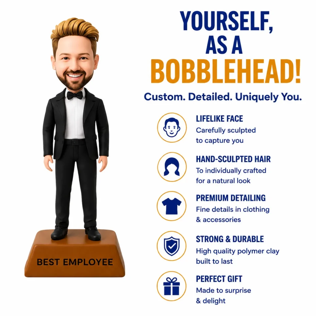 Bobblehead of a man in a black suit on a brown stand labeled Best Employee, beside an infographic list of features.