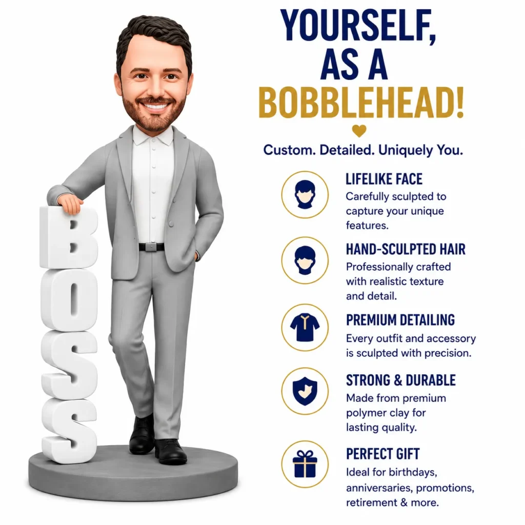 3D bobblehead figure in a gray suit leaning on tall white 'BOSS' letters beside a promotional list about custom bobbleheads and their features at right.