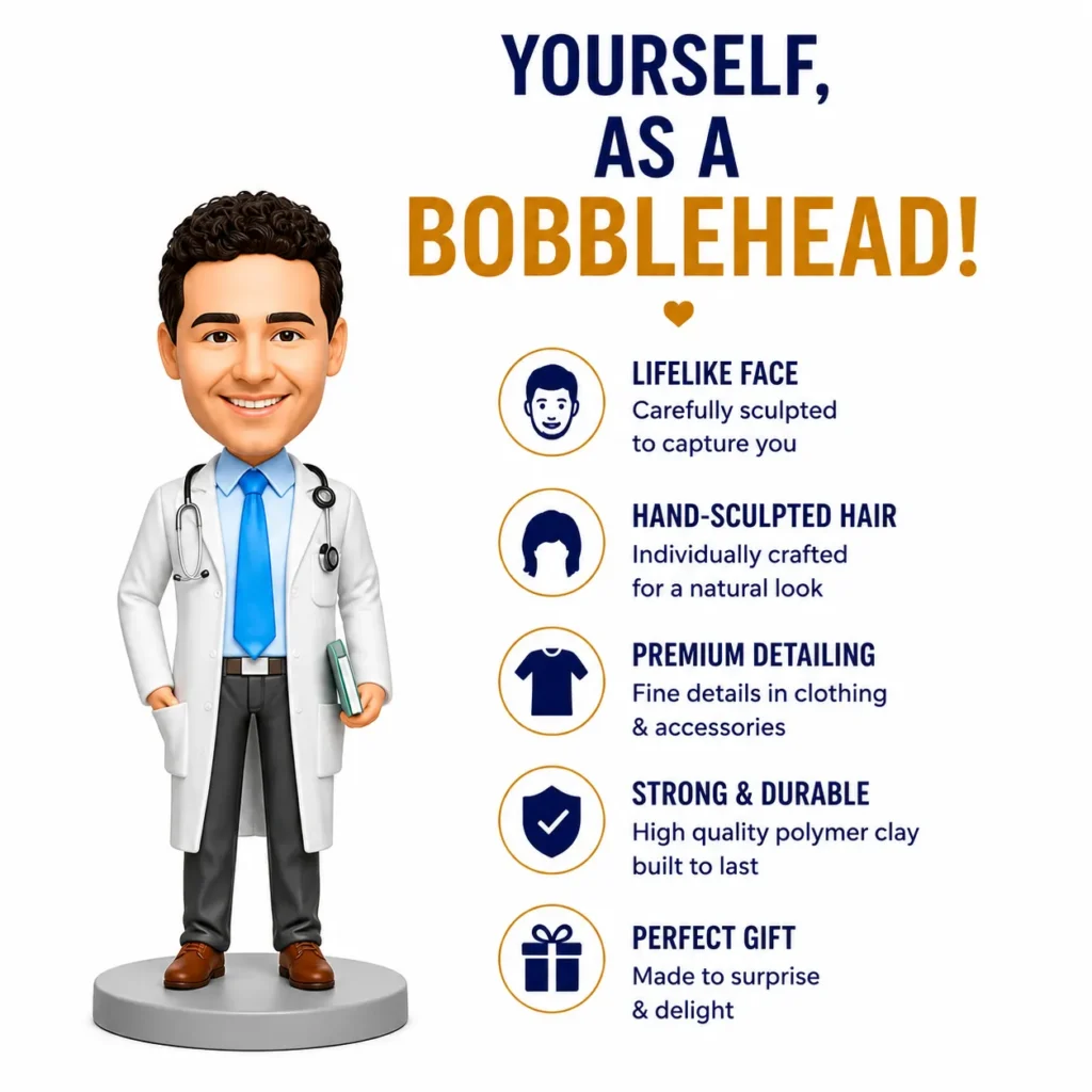Cartoon doctor bobblehead standing on a base next to a right-side list of features: lifelike face, hand-sculpted hair, premium detailing, durable build, perfect gift.