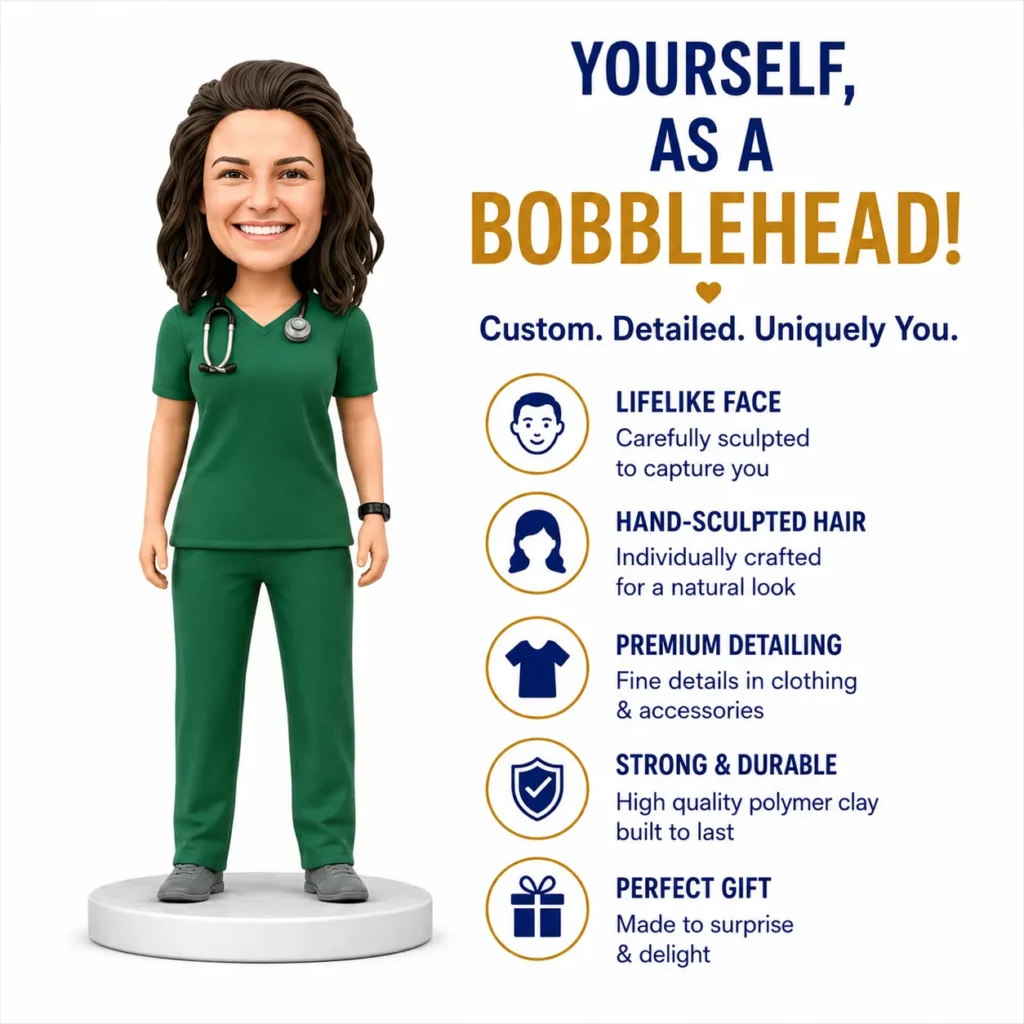 Bobblehead nurse in green scrubs beside a vertical list of features: lifelike face, hand-sculpted hair, premium detailing, durable materials, gift-ready.