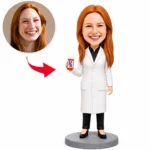 Animated pharmacist in a white coat holding a prescription bottle labeled RX; inset circular photo of a smiling red-headed woman.