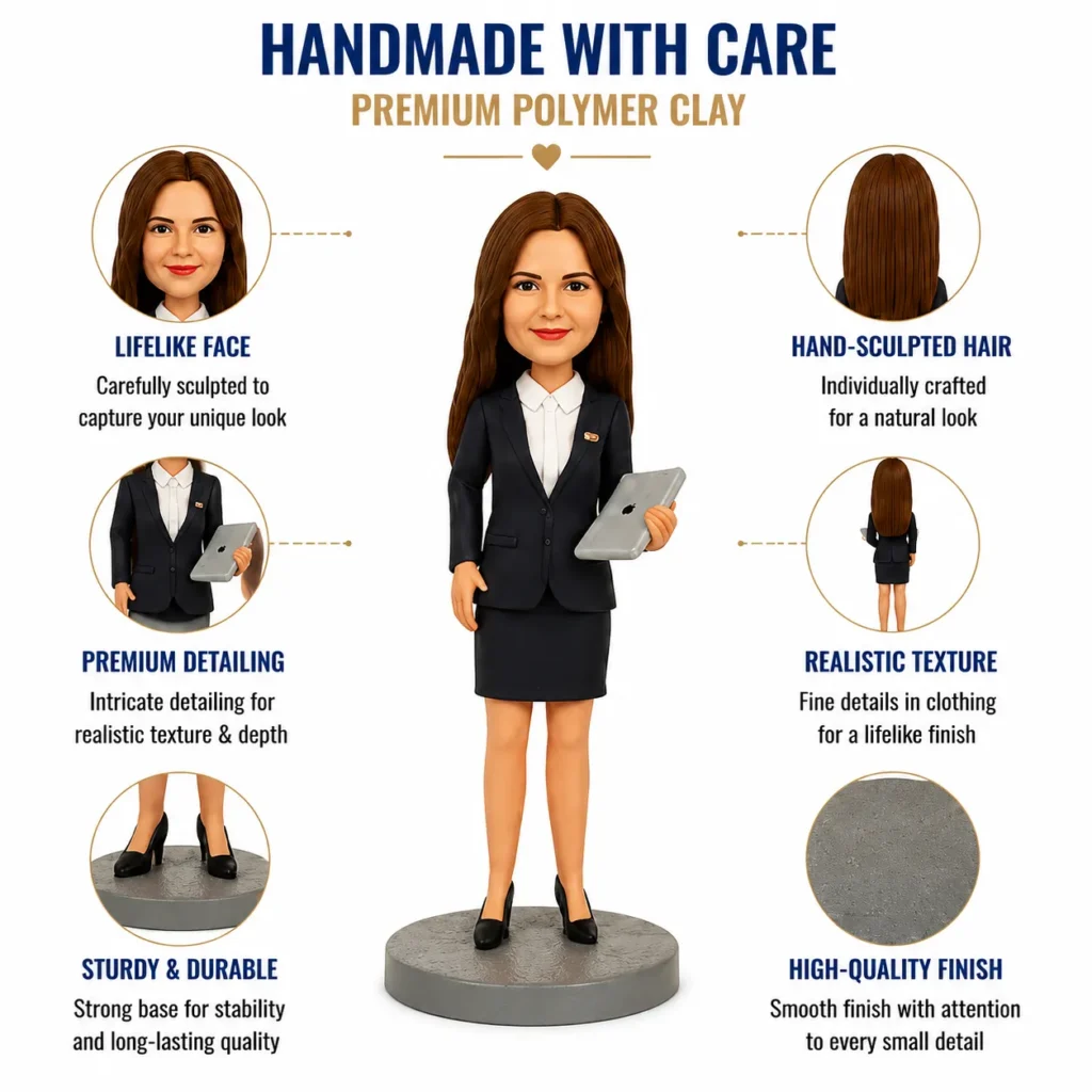 Infographic showing a businesswoman figurine with labeled features about craftsmanship and finish (lifelike face, sculpted hair, detailing, texture, and finish).