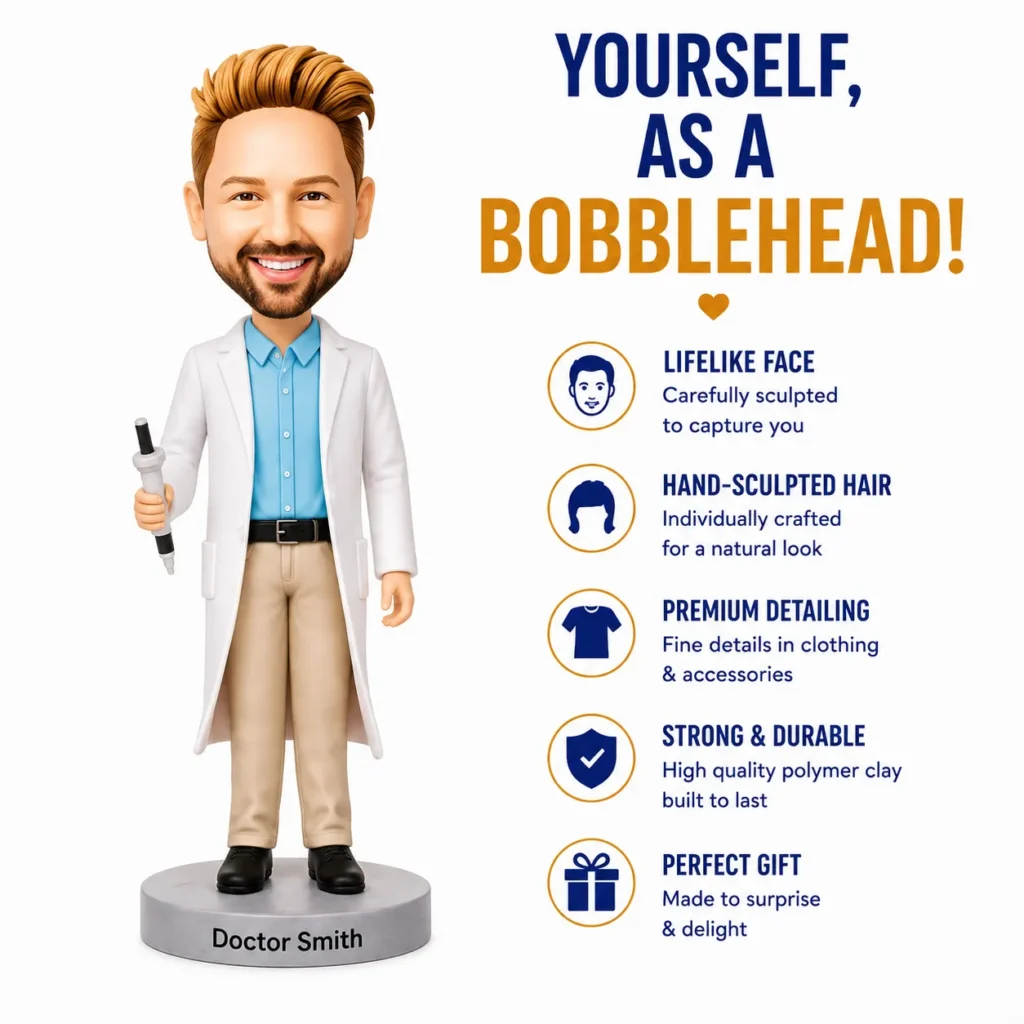 Bobblehead doctor figure named Doctor Smith standing on a base, holding a marker, with a list of product features beside him.