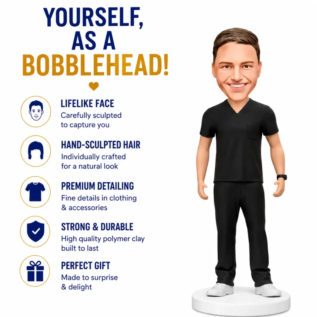 Bobblehead figure in black outfit stands to the right of a left-side list of features: lifelike face, hand-sculpted hair, premium detailing, durability, and gift value.