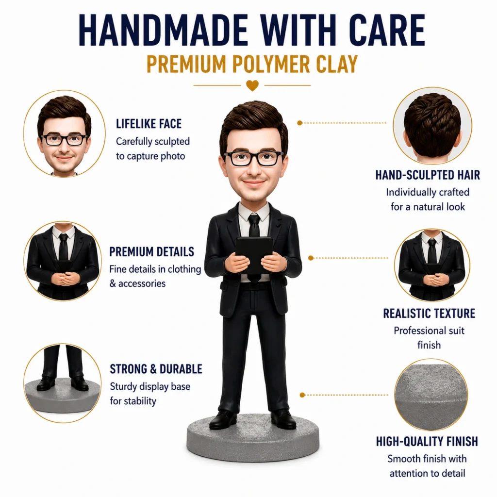 Infographic of a central businessman figurine with circular callouts: lifelike face, hand-sculpted hair, premium details, realistic texture, strong base, high-quality finish.
