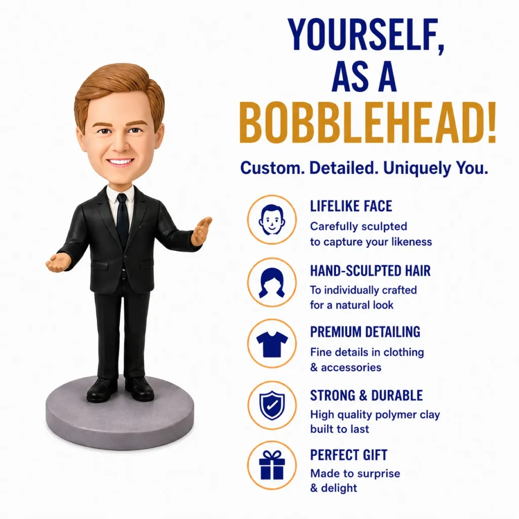Lifelike bobblehead in a suit beside a 'Yourself, as a Bobblehead' ad promoting custom, detailed you.