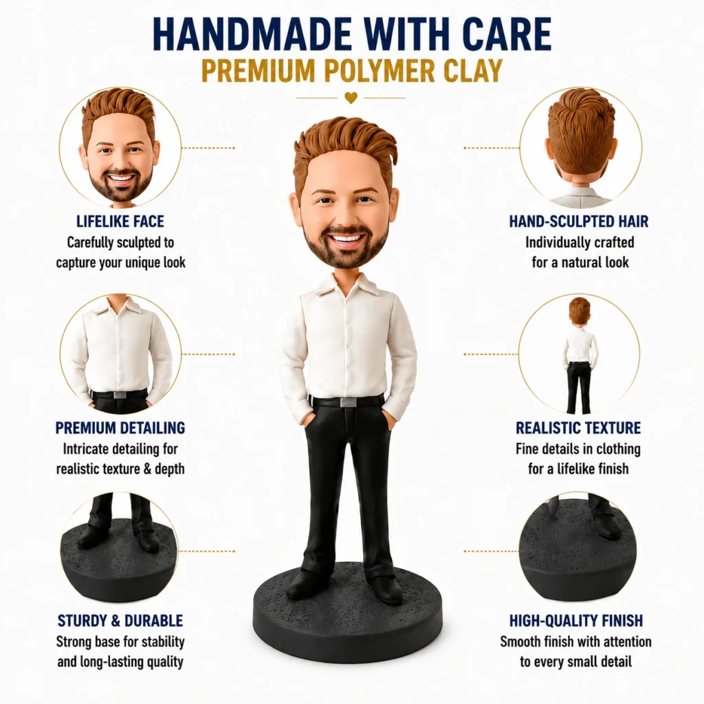 Infographic showing a polymer clay figurine with callouts: lifelike face, hand-sculpted hair, premium detailing, realistic texture, sturdy base, and high-quality finish.