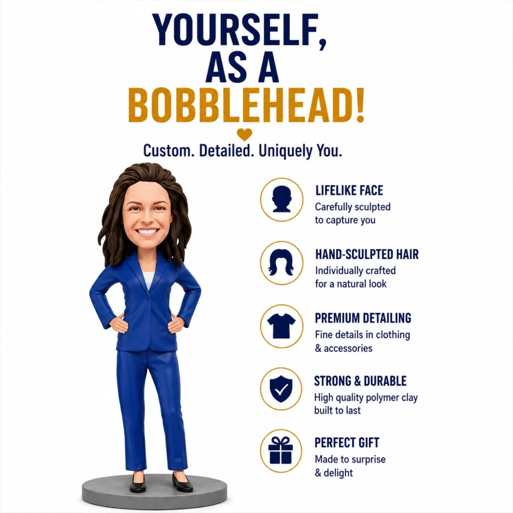 Bobblehead of a smiling woman in a blue suit with a right-side list of features: lifelike face, sculpted hair, premium detailing, durability, perfect gift.