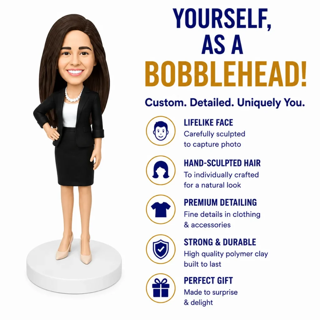 Cartoon businesswoman in a black suit stands on a white pedestal beside an infographic titled 'Yourself, as a Bobblehead!' detailing custom features.