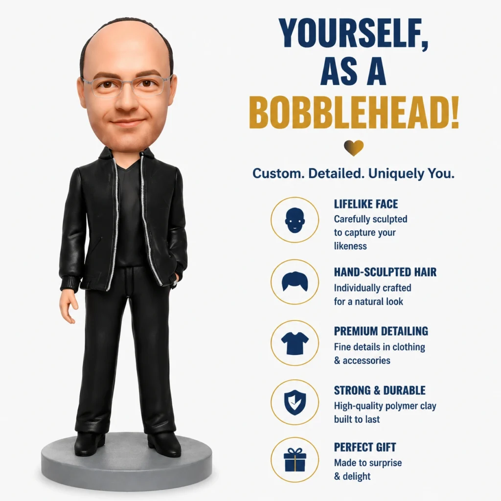 Bobblehead figure of a man in a black outfit standing on a round base, with marketing text about custom, detailed figures on the right.