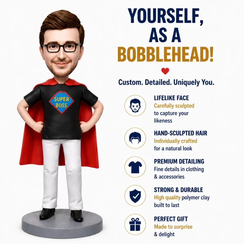Promotional bobblehead figure in superhero outfit ( cape, 'SUPER BOSS' emblem) beside marketing text about custom lifelike bobbleheads on a white background.