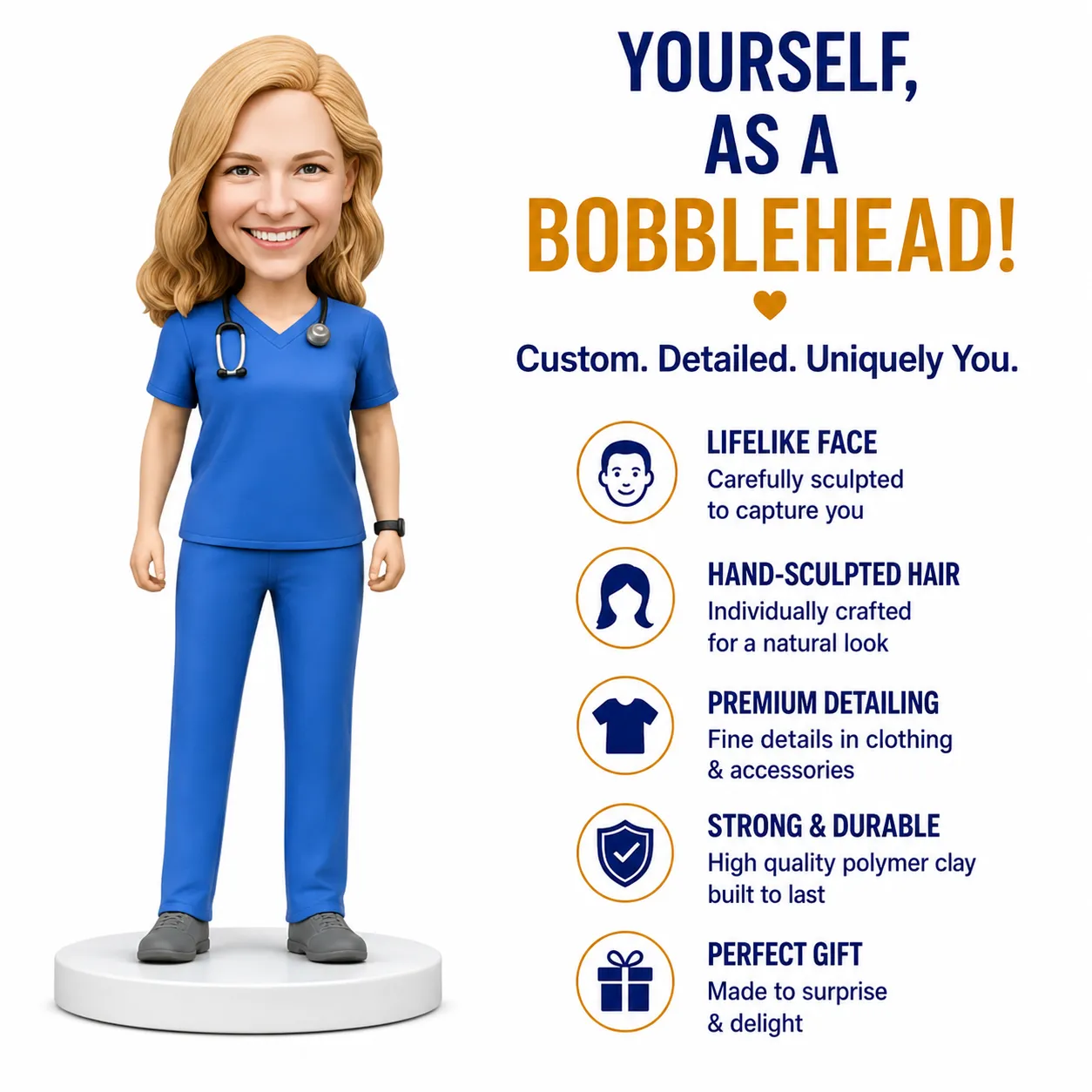 Cartoon nurse bobblehead in blue scrubs stands on a white pedestal next to bold text about custom bobbleheads.