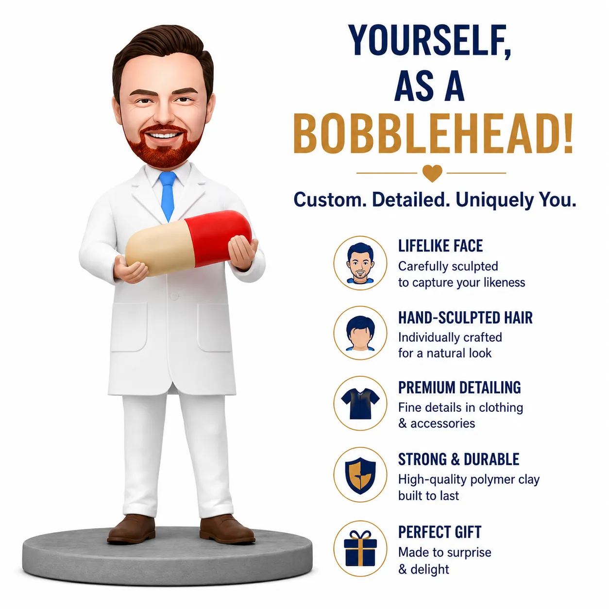 Cartoon doctor holding a giant red-and-beige capsule with marketing text about personalized bobblehead gifts on the right side.