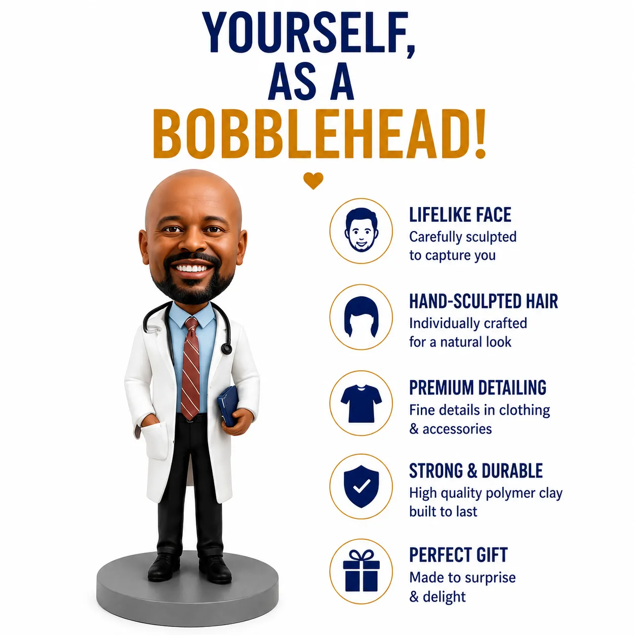 Promotional bobblehead of a doctor with a features list: lifelike face, hand-sculpted hair, premium detailing, strong durability, perfect gift.