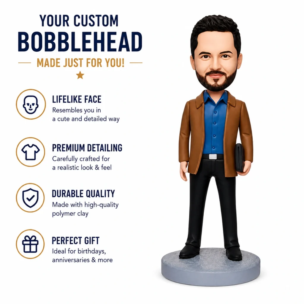 Custom bobblehead figure in a brown jacket and blue shirt stands on a gray base next to a left column listing features: Lifelike Face, Premium Detailing, Durable Quality, Perfect Gift.