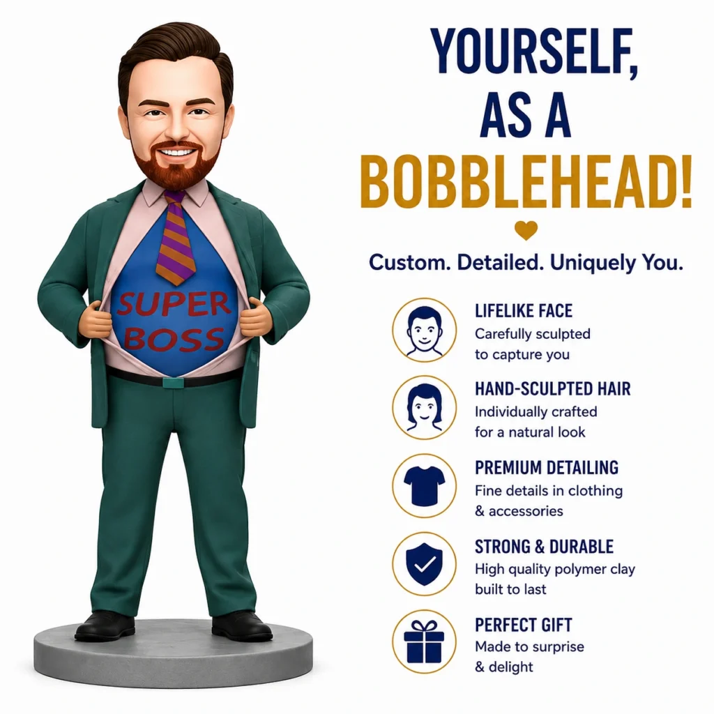Bobblehead figure of a man in a green suit revealing 'SUPER BOSS' on his shirt; right side shows promo text and icons for lifelike face, hand-sculpted hair, premium detailing, strong & durable, perfect gift.